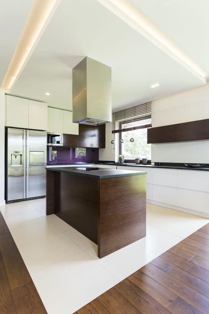 modern kitchen with recessed lighting