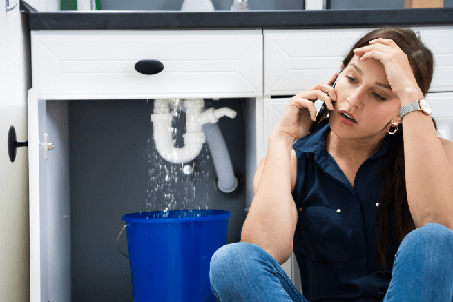 Woman calling a Professional Plumber after a failed DIY repair at home.
