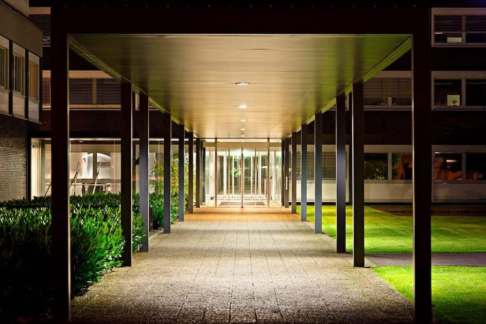 roofed office building entrance at night