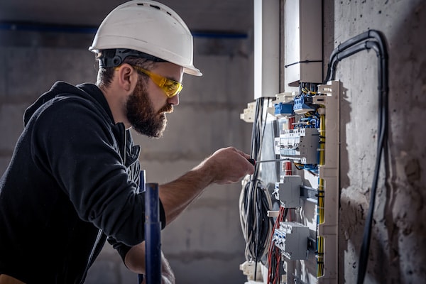 Certified Electrician works in a switchboard with an electrical connecting cable as a part of Electrical Inspections